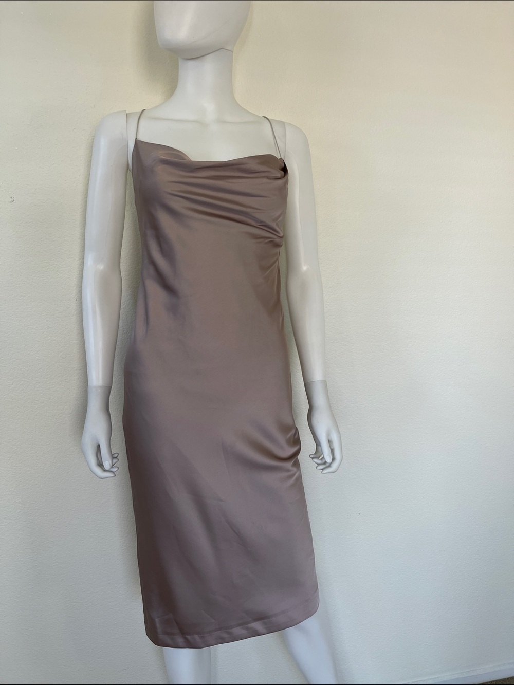 House of CB Satin Cowl Midi Dress in Mauve Taupe